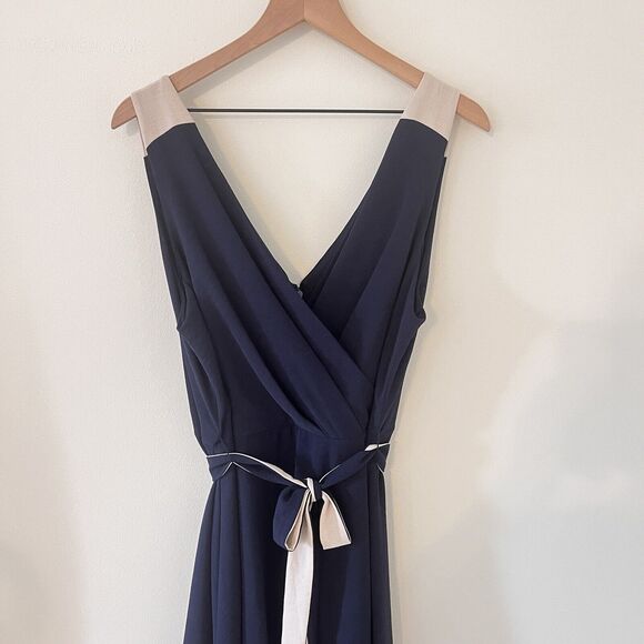 DKNY Colorblocked Belted Faux-Wrap Dress Navy Beige Size 16 - Picture 9 of 10